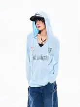 レトロアメリカン文字プリント フード付き長袖Tシャツ【夏用・薄手・日除け効果】
