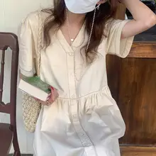 中長丈ドレス 夏 夏の フランス風 エレガント Vネック ボタン付き 明線デザイン ゆったり ショートスリーブ