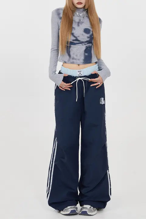 パラシュートパンツ ワイドパンツ メンズ ネイビー ダブルウエスト 防水 速乾 アメカジ ヴィンテージ ストリート「Remedie」