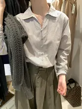 春季新作 異素材ストライプVネックシャツ【ルーズフィット・長袖・フレンチスタイル】
