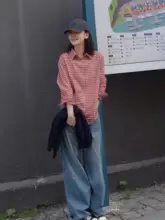 レトロな赤チェックPOLOカラー長袖シャツ【ゆったりとした中長丈・チェック柄】（セットアップ対応）