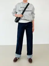 高腰の赤耳加絨デニムパンツ【女性用・秋冬・ゆったりストレート】（セットアップ対応）