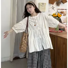 大きいサイズの女性用刺繍シャツ【フィット・チェック柄ワイドパンツ付き】（セットアップ対応）