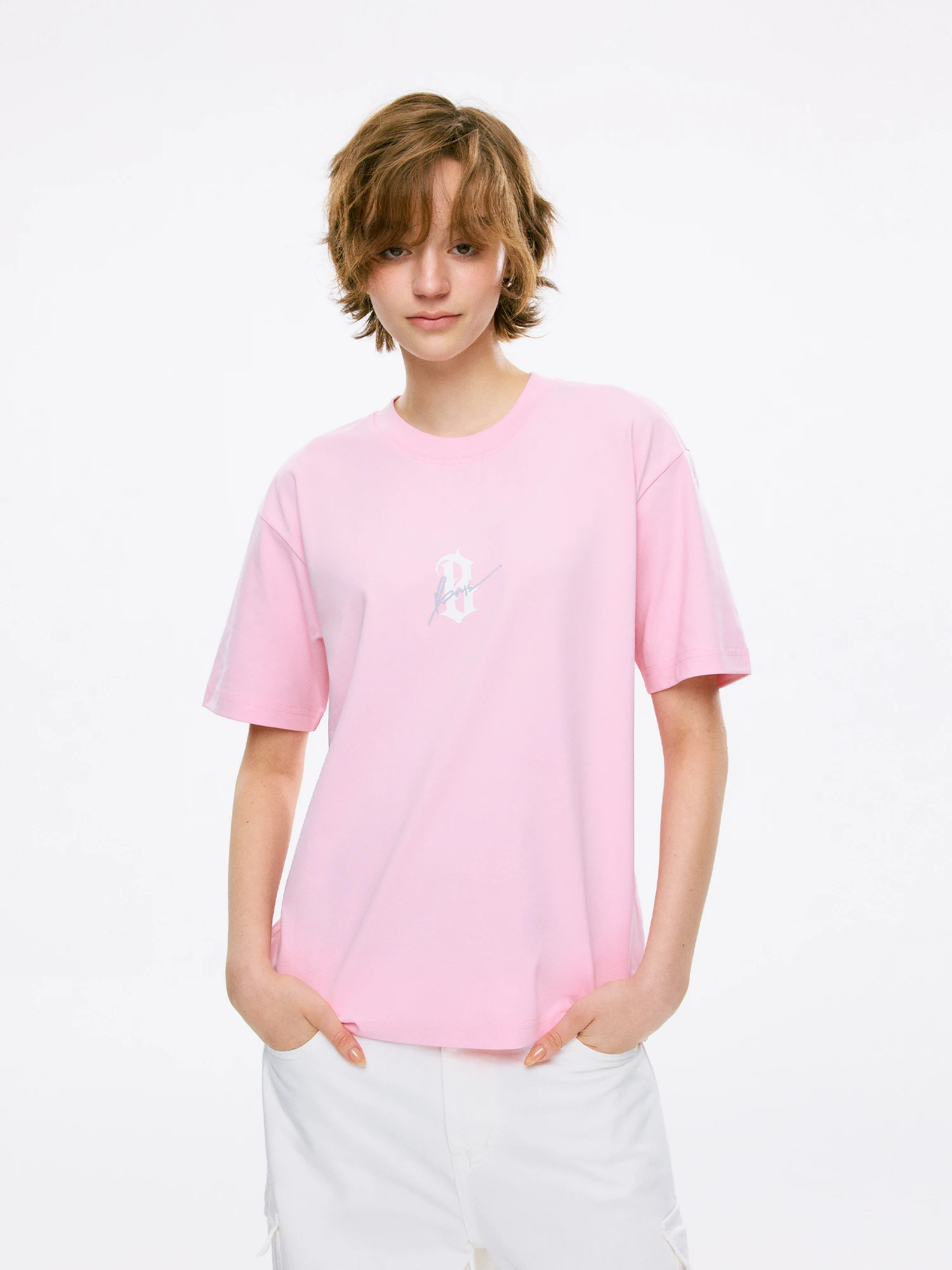 ボーンレス グラフィックプリント半袖Tシャツ：ルーズフィットで快適な日常着用に最適
