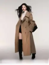 クラシックスタイルの大きなラペルのダブルブレストカーキロングトレンチコート