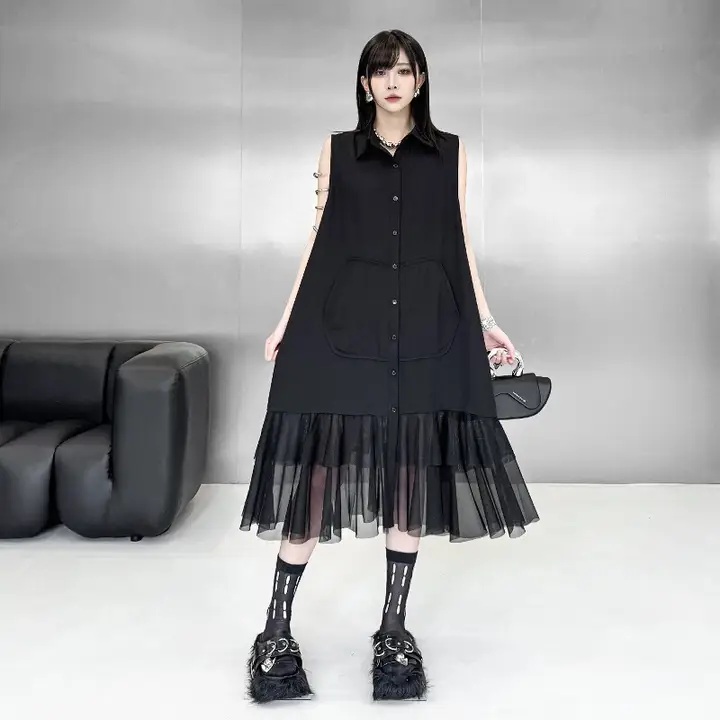 個性的デザイン！ノースリーブメッシュワンピース【中長丈・シャツ風・ベストスタイル】