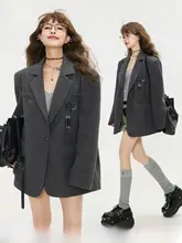 高級感あるグレーのブレザー【ゆったりとしたシルエット・秋季通勤・スタイル】（セットアップ対応）