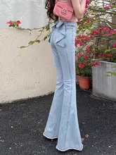 立体リボンデザインのハイウエストデニムパンツ【スリムフィット・フレアパンツ・包臀】