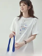 ファッショナブルなプリント丸首落ち袖デザインのフィットTシャツ【レディース・コットン・夏用・短袖】