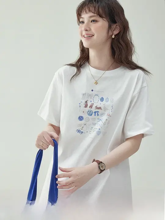 ファッショナブルなプリント丸首落ち袖デザインのフィットTシャツ【レディース・コットン・夏用・短袖】