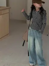 デニムパンツ キッズ ガールズ ウォッシュデニム ワイド ゆったり カジュアル おしゃれ 春秋