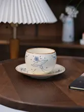 手描きの花鳥デザイン！青花陶器製コーヒーカップ【持ちやすい・贈り物にも最適】