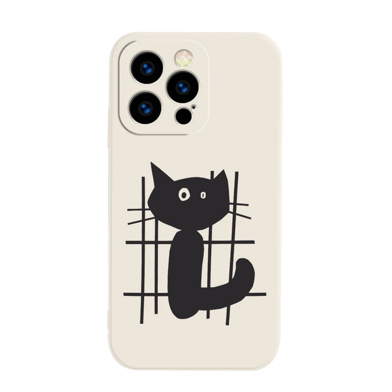 網目模様の黒い猫デザインのiPhone用マットスマホケース：一人暮らしのインスタ風ライフに最適な保護ケース