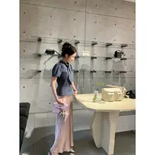 通勤用 ドレープデザインの半袖トップスとAラインスカート（セットアップ対応）