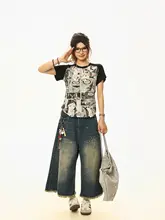 アメリカンレトロスタイルのアニメプリントラグラン半袖Tシャツ【ウエストマーク・女性用・カジュアル】