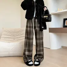 コントラストチェックパンツ【高腰・ストレート・ウールブレンド・秋冬用】（セットアップ対応）