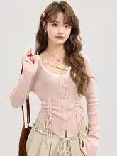 トップス レディース ニット ピンク ギャザー 韓流 ガーリー きれいめ 春 「XinmonLee」