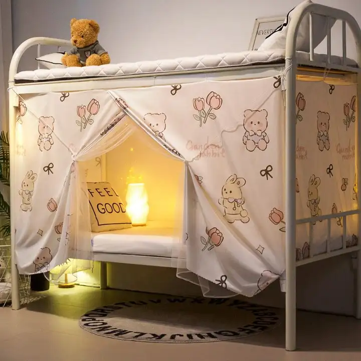 遮光ベッドカーテン【一体型・学生寮用・下段専用・蚊帳付き】