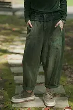 大きなポケット付き 秋用リネンコットン混合カジュアルパンツ【ディスプレイデザイン・レディース】