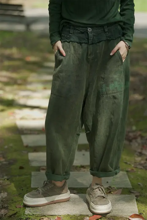 大きなポケット付き 秋用リネンコットン混合カジュアルパンツ【ディスプレイデザイン・レディース】