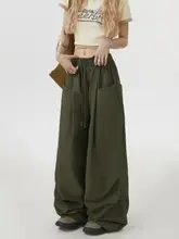 カーゴパンツ レディース ワイドパンツ カジュアル ドローストリング ミリタリーグリーン ゆったり
