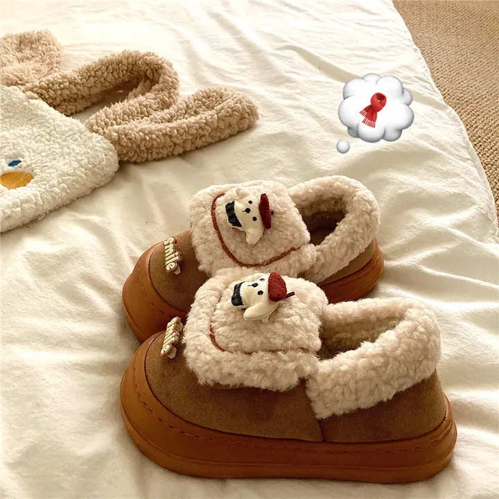 クリスマス犬デザインの厚底保温コットンスリッパ【かわいい・女性用・防寒・裏地ファーフィット】
