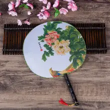 古典的な大丸型舞扇【牡丹デザイン・ダンス用・フェイクシルク】