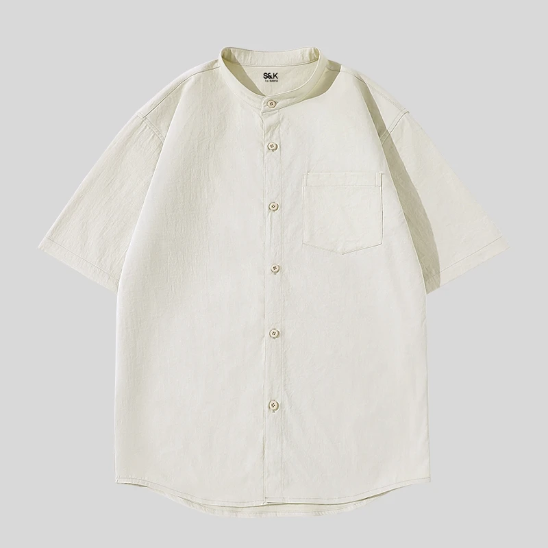 夏用アンバーカラー無地ヘンリーネック半袖シャツ【カジュアル通勤向け】