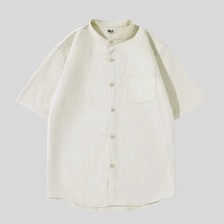 夏用アンバーカラー無地ヘンリーネック半袖シャツ【カジュアル通勤向け】