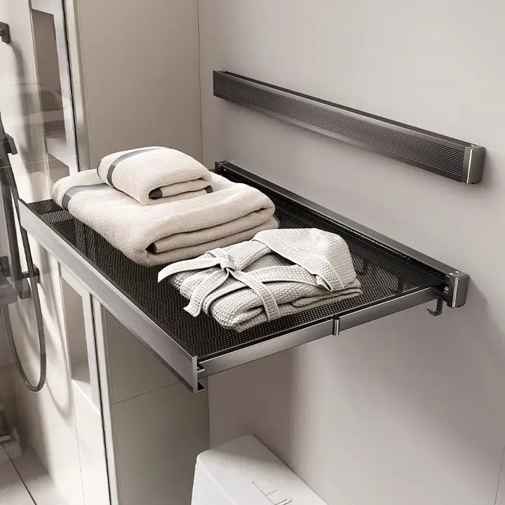 浴室用伸縮型収納ラック【タオル・衣類用・高級感あるデザイン】