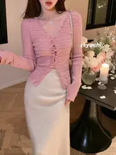 ピンクのVネックウールニットトップス【長袖・ウエストシェイプ・フリルデザイン・秋冬用】