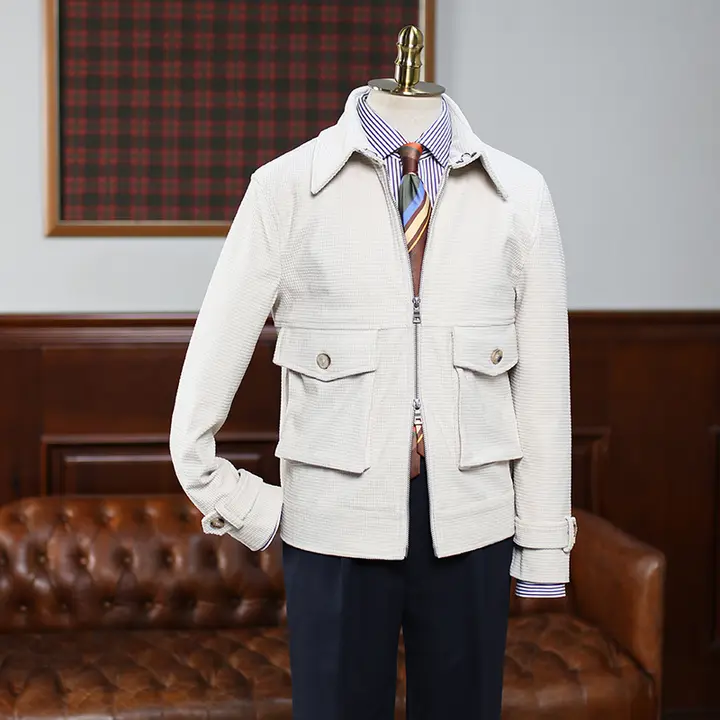 秋冬用 男性向け コーデュロイ襟付きジップジャケット【レトロスタイル・ショート丈・カジュアル】