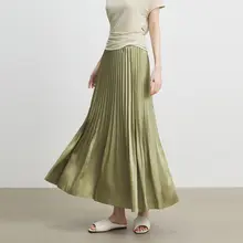 リボンデザインのサテンマーメイドプリーツスカート【夏用・ロング・ピンク】