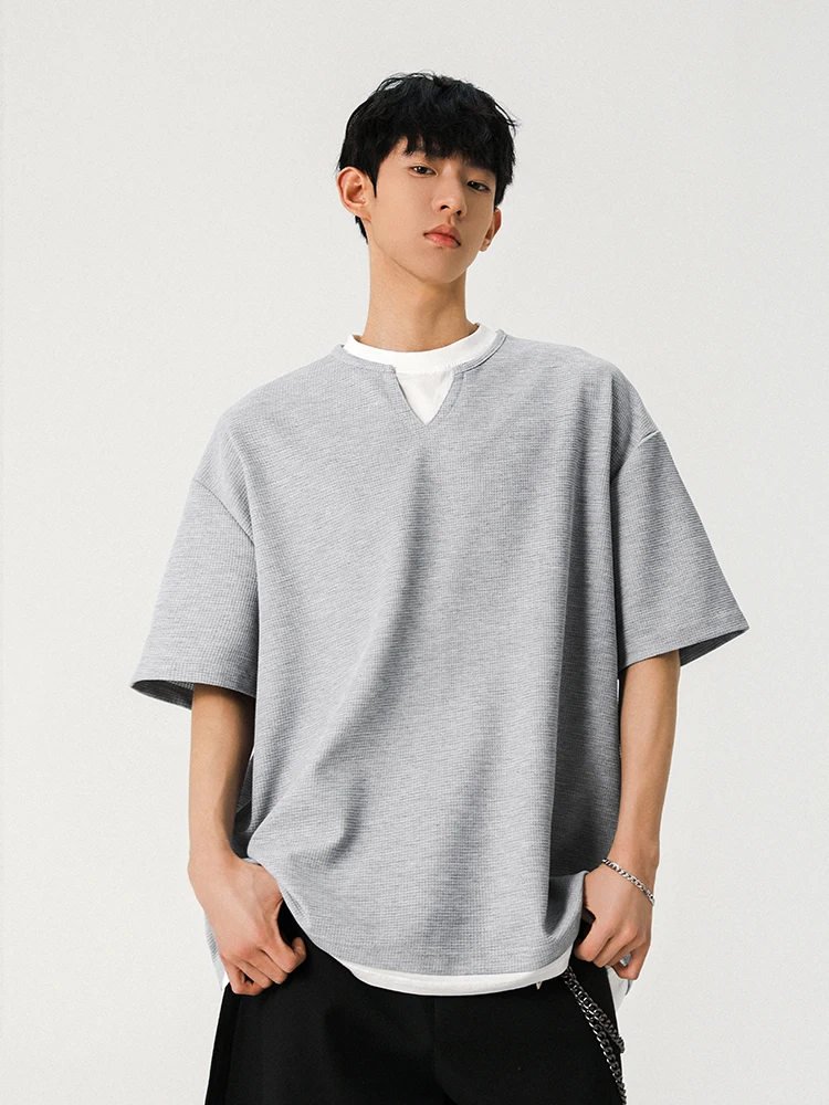 夏季復古風2重構造Tシャツセット：カップルコーデでゆったり重ね着を実現