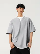 Tシャツ 半袖 ユニセックス ワッフル生地 パッチワーク フェイクレイヤード オーバーサイズ ヴィンテージ 夏 ペア