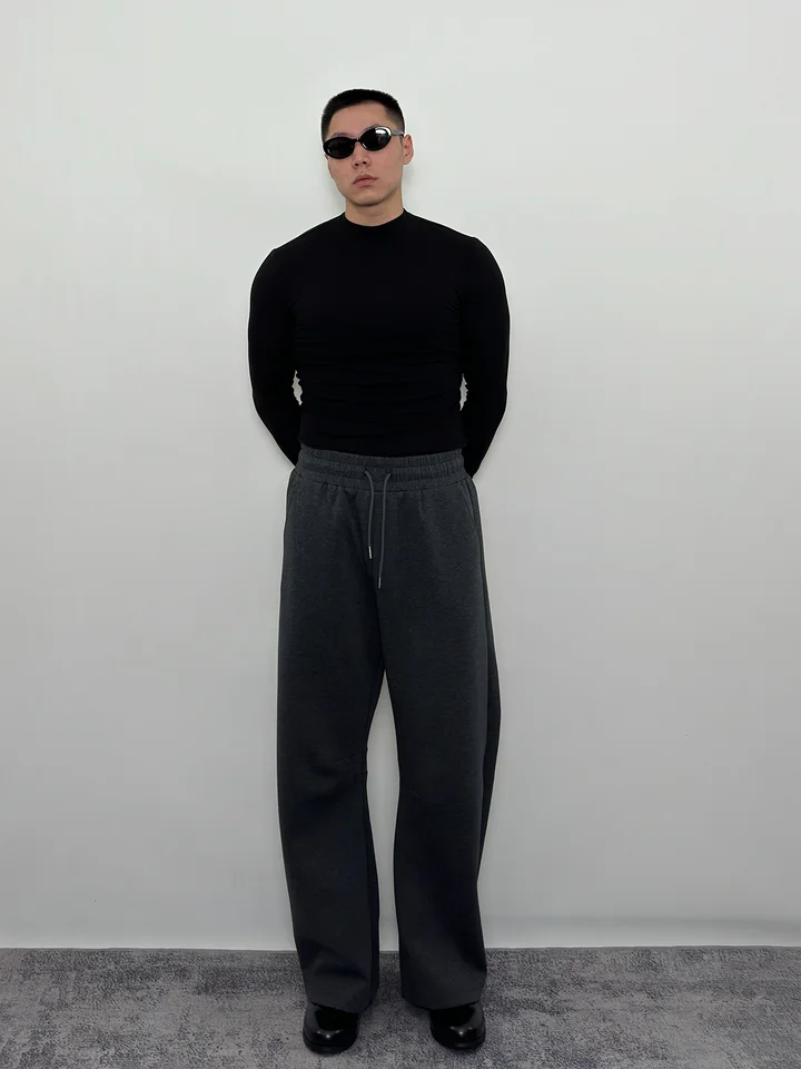 プルオーバー 半高ネック ストレッチフィット長袖Tシャツ【シンプルデザイン・メンズ・フィットネス用】