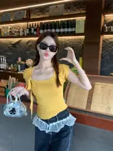 夏にぴったりの薄手ニット半袖Tシャツ【方形ネック・フィット感・イエロー】