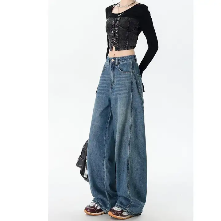 アメリカンレトロ風 ワイドレッグ デニムパンツ【ハイウエスト・スリム効果・秋用】（セットアップ対応）