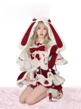 ケープ ワンピース 2点セット レディース ボア うさぎ耳 苺柄 ベルベット 赤 モコモコ お正月 迎春 春