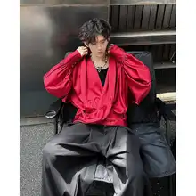 レッド深Vネック長袖シャツ【ユニークデザイン・スタイル】