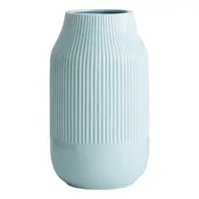 ストライプデザインの白い陶器の広口花瓶【乾燥花・水栽培対応・リビング用インテリア】
