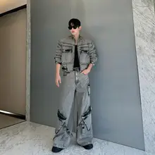 秋季向け アメリカンレトロウォッシュ加工ポケット付きピンクデニムジャケット【作業服・カジュアル】（セットアップ対応）