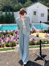 港風レトロ秋コーデ！デニムジ ャケットとレース付きワイドパンツ【ファッション・ふんわりしたデザイン】（セットアップ対応）