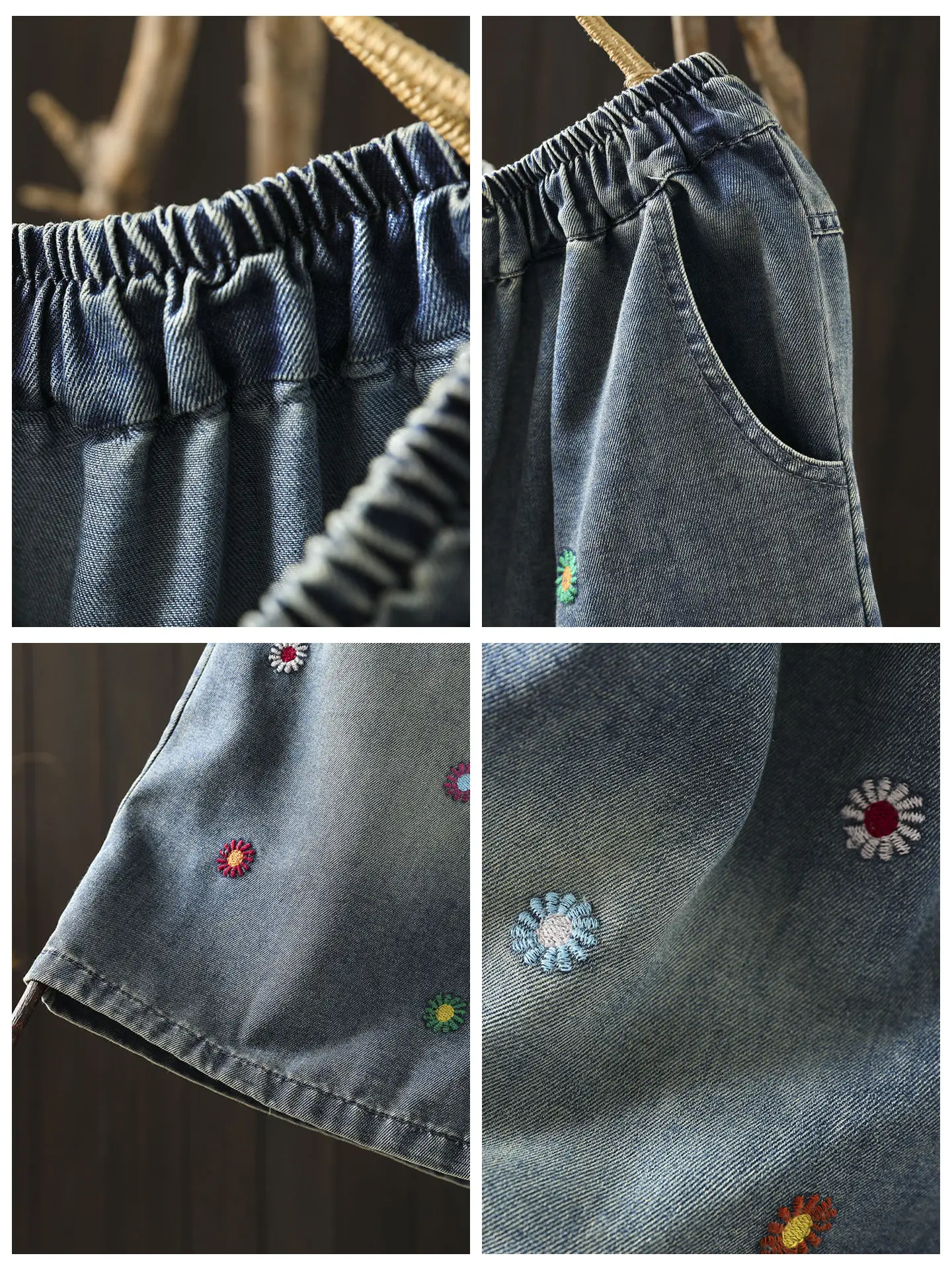 小花刺繍入りデザイン 五分丈デニムパンツ：50代女性向けカジュアルファッションの軽さと通気性を実現