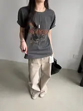 アメリカンレトロプリントの洗い加工グレーゆったり落ち肩Tシャツ