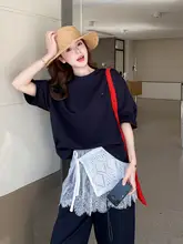 2点セット レディース Tシャツ ワイ ドパンツ ネイビー レース カジュアル 夏