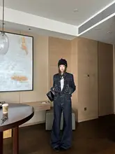 深青色のウォッシュデニムジャケット【春用・フィット・低腰・ストレートパンツ・カジュアル】（セットアップ対応）