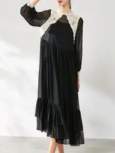 したシルエットのシルクドレス【サテンデザイン・レース使い・ロング丈】