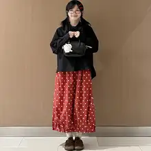 復古スタイルのドット柄花苞スカート【ウエストゴム・中丈・秋用・シワ加工】