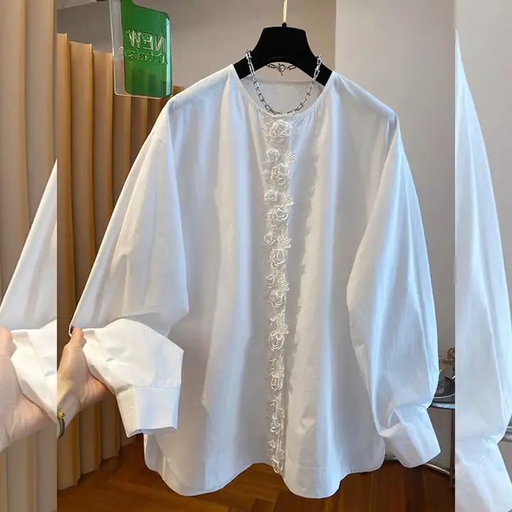 優雅なデザイン！立体花柄のルーズフィット長袖シャツ【プレーンカラー・女性用】